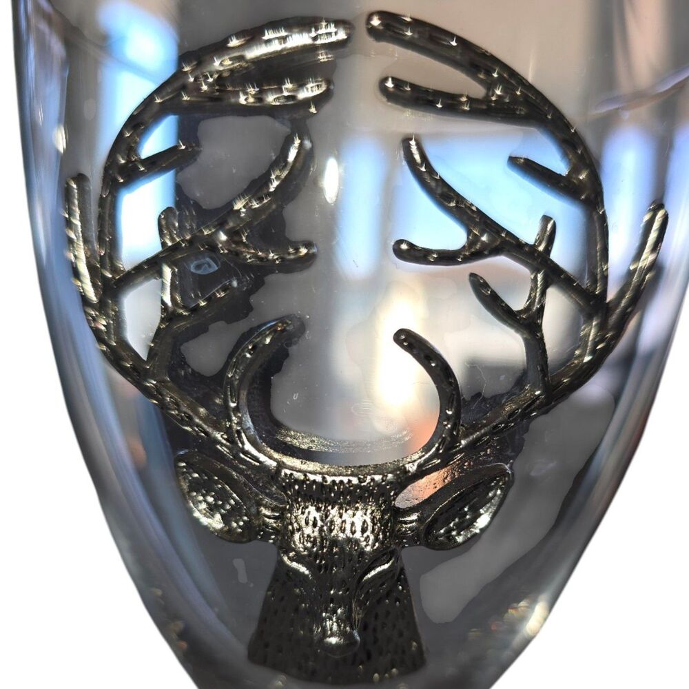 Set of 2 Stag Head Wine Glasses Pewter Deer Frosted Glass Goblets